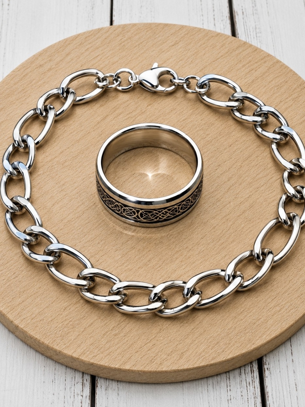 Polished Silver-Tone Chain Link Bracelet with Celtic Tungsten Ring